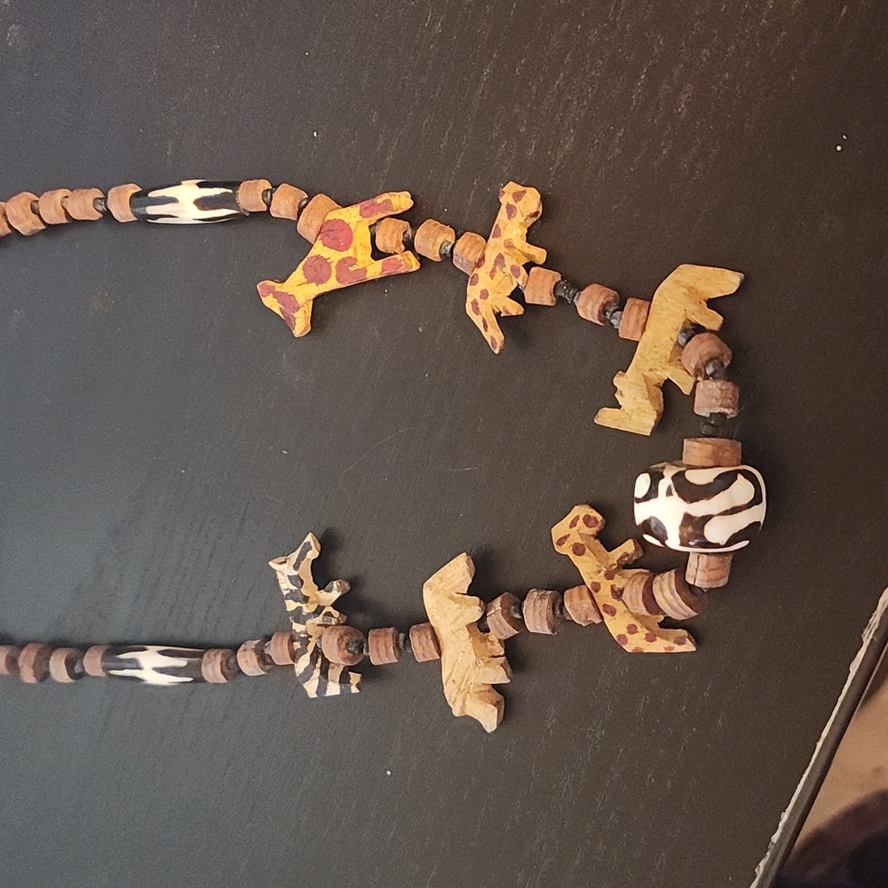 Handmade 24" Carved Wooden Hand Painted Beaded South African ANIMAL NECKLACE